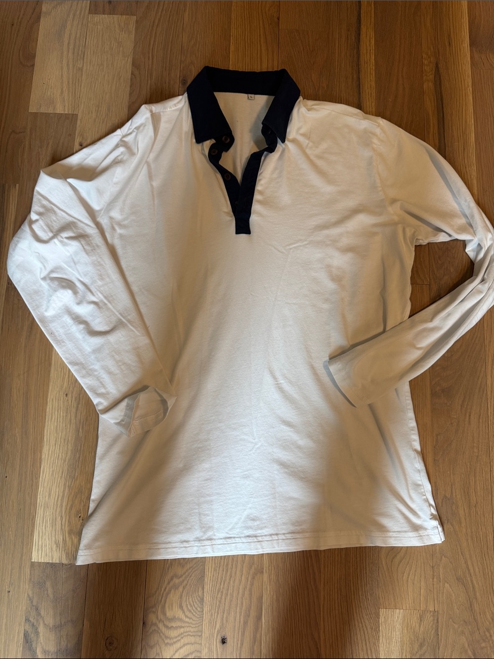 White Long-Sleeve Polo with Navy Contrast Collar